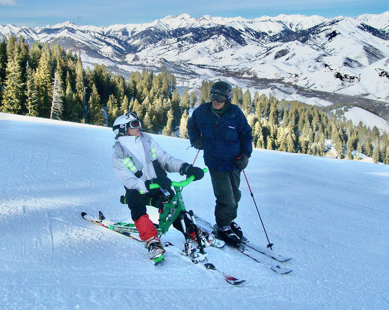 An adaptive ski biker stops for a chat with another skier while cruising groomers on her iSkibike on the College ski run, Sun Valley Ski Resort, Sun Valley, Idaho.