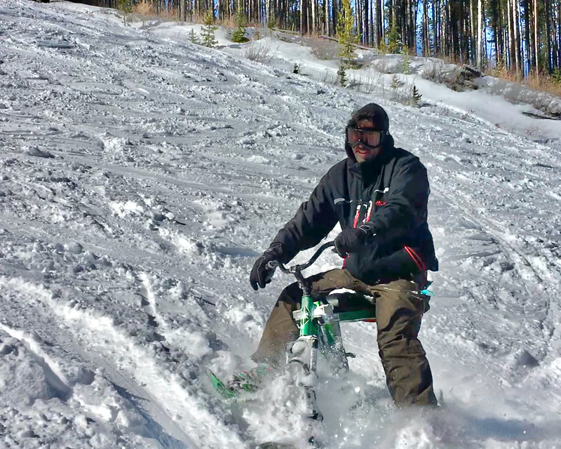 First day on a ski bike at the Blacktail Mountain ski resort, Lakeside, Montana, a skiing enthusiast discovers the fun to be had on an iSkibike.