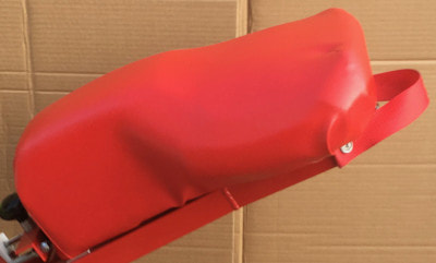 Picture of iSkibike unique saddle shaped cushy red seat.